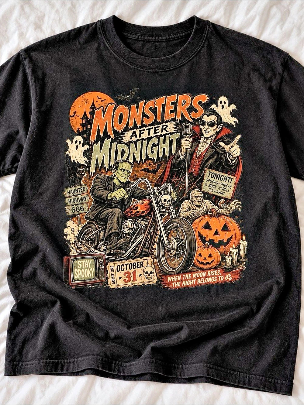 Black Monsters After Midnight Classic Horror Graphic Tee Gildan Reprint
